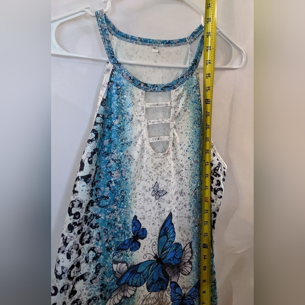 Cutout Butterfly Print Halter Neck Top, Casual Summer Sleeveless Top, T1W - Picture 7 of 8